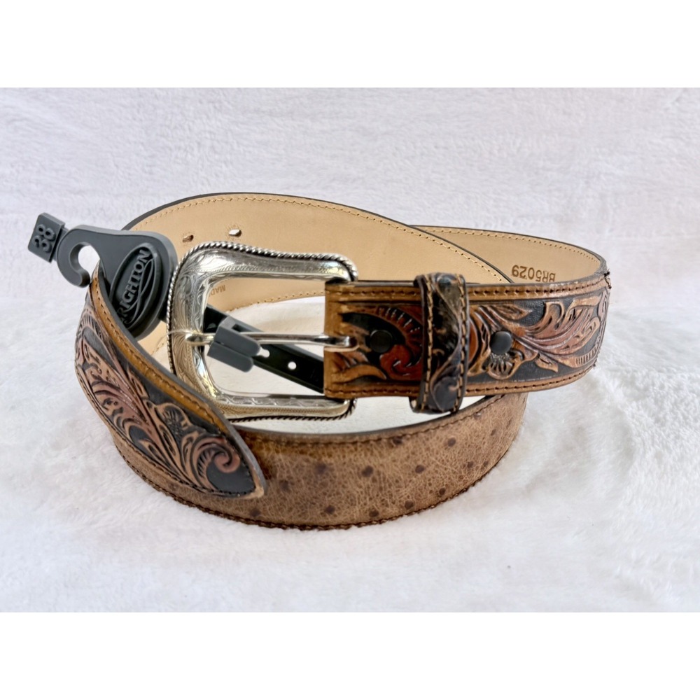 Tony Lama C42525 Men's Rustic Ostrich Print Floral Tooled Leather Belt Size 38